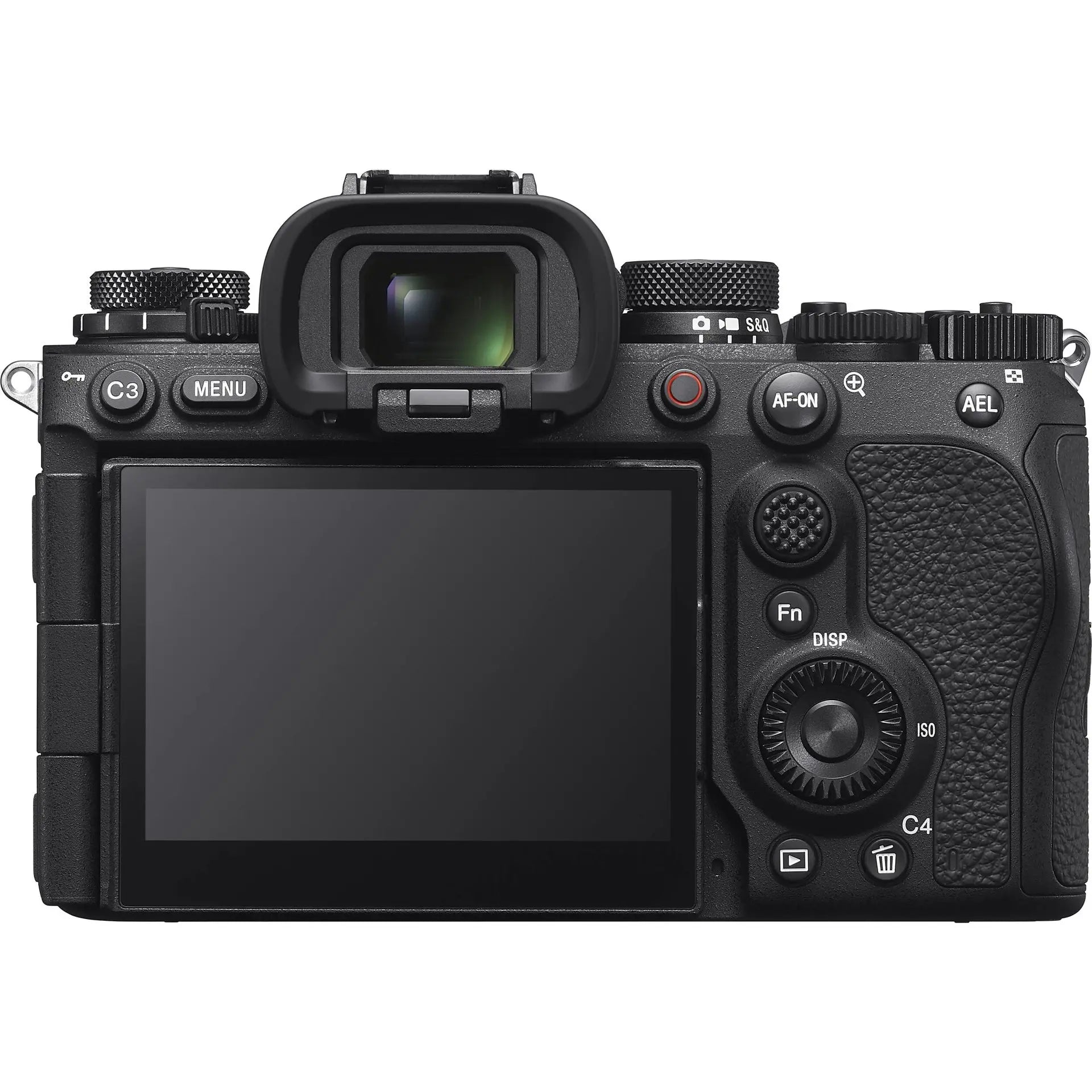 Black camera body with control buttons on a white background