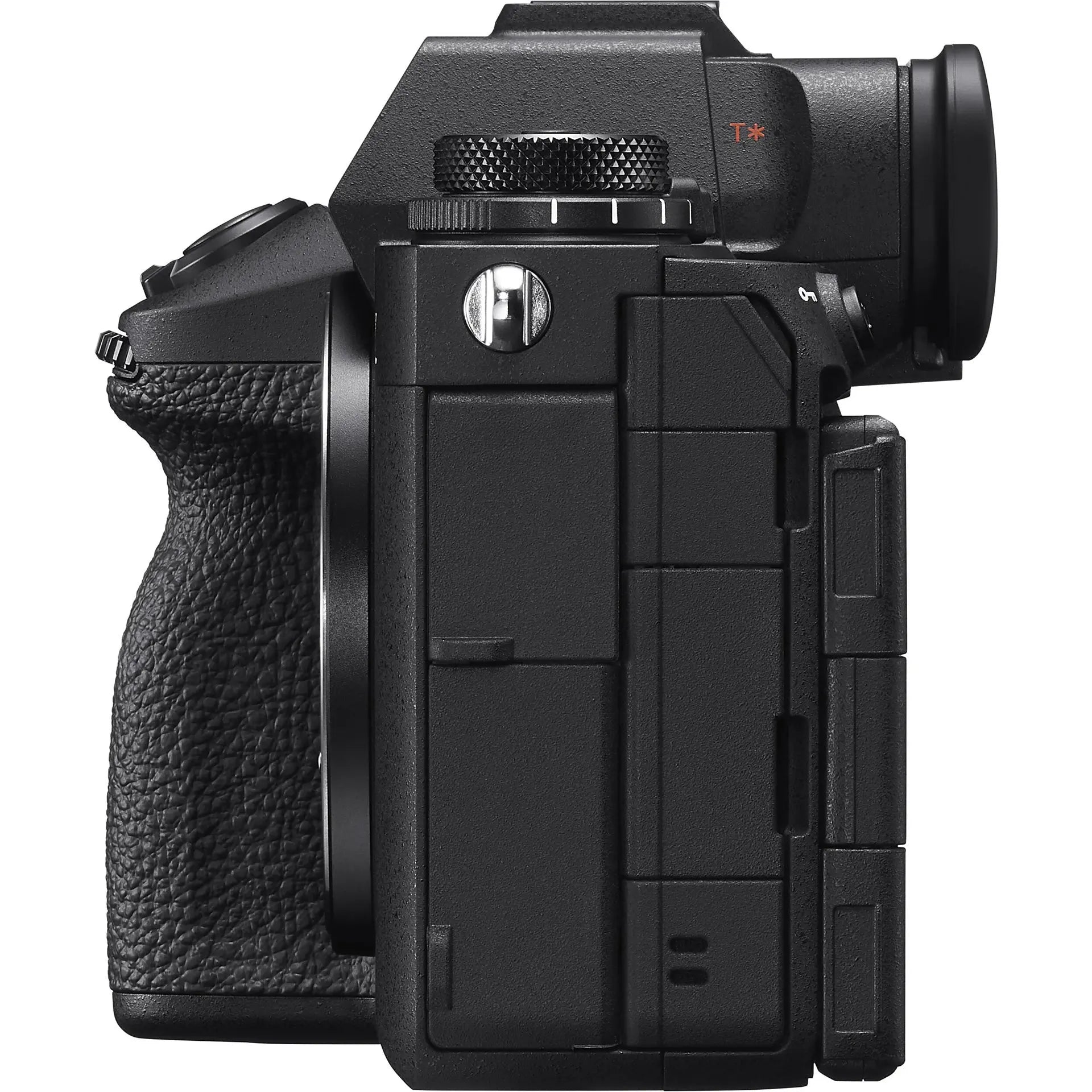 Black camera body with textured grip on a white background