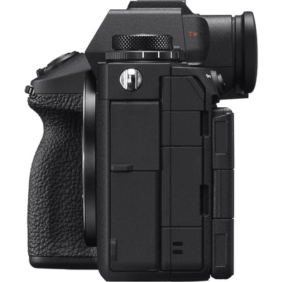 Black camera body with textured grip on a white background