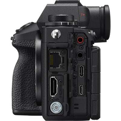 Back view of a black camera body with various ports on a white background