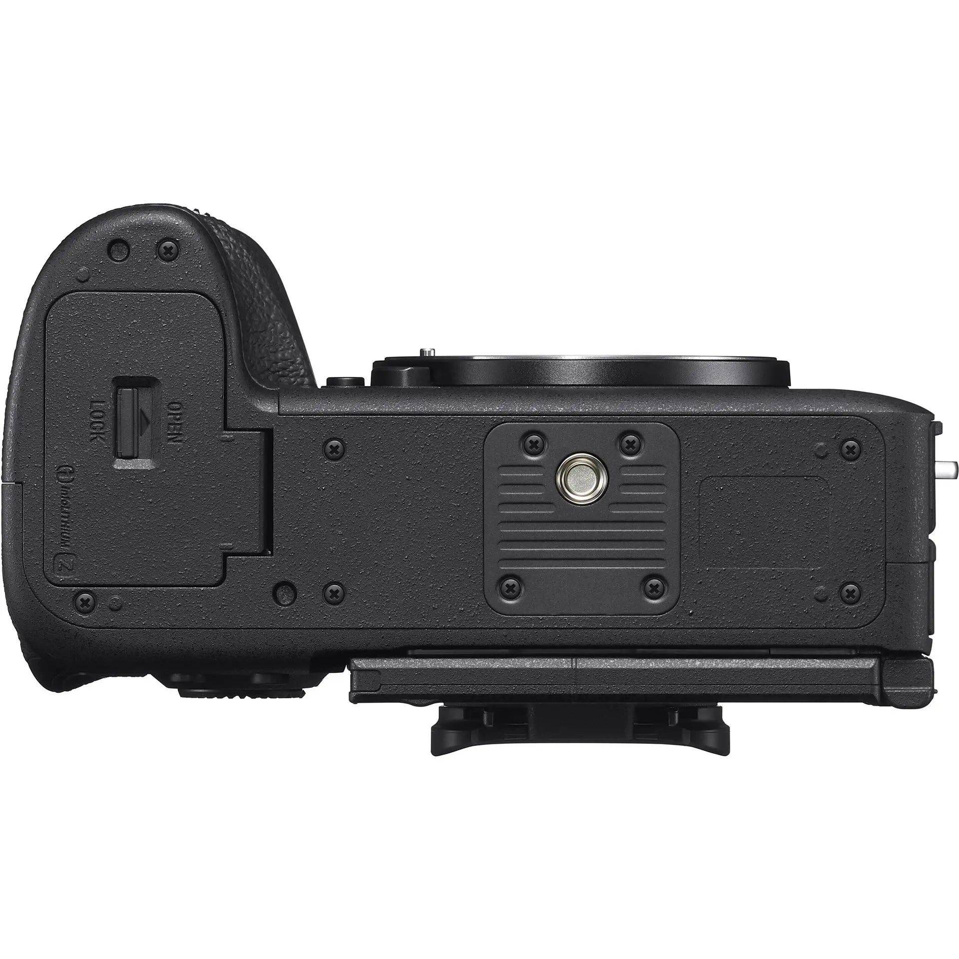 Black camera body on a white background