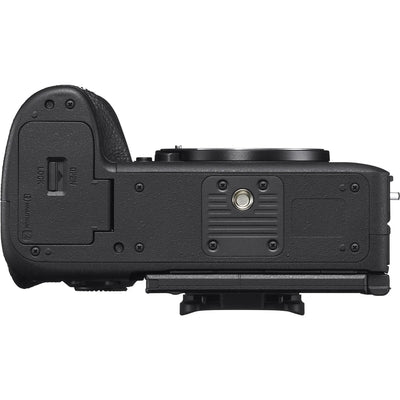 Black camera body on a white background