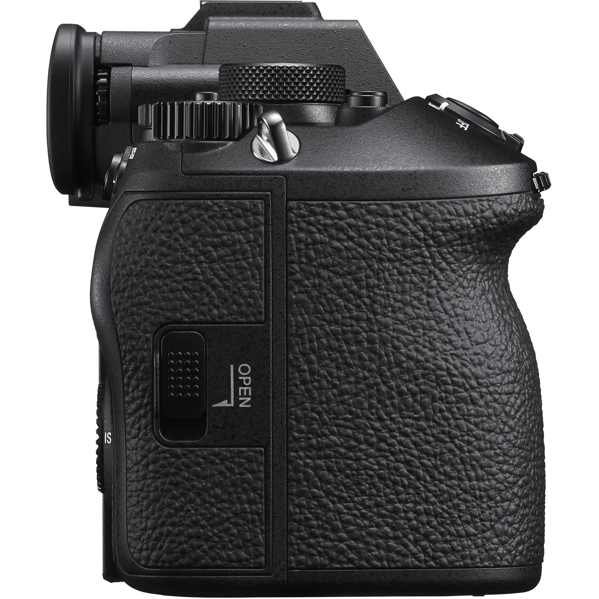 Black camera body with textured surface on a white background